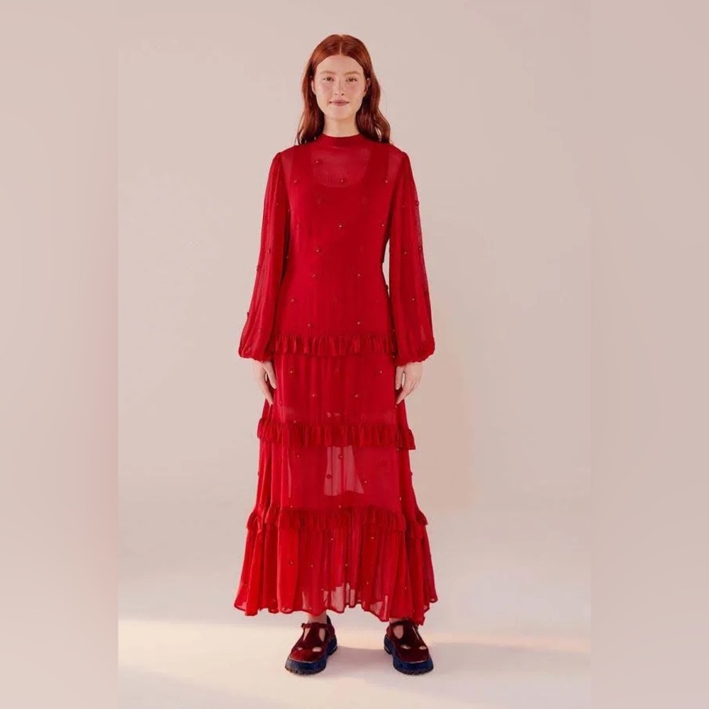 Farm Rio Red Ruffle Long Sleeve Maxi Dress - Picture 1 of 7